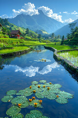 A picturesque rice terrace in Southeast Asia, the flooded fields reflecting the blue sky above, farmers working in the distance, mountains rising in the background