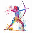 © Surachetsh - A colorful watercolor illustration depicts a archer drawing a bow, with splashes of vibrant hues against a white background, creating a sense of dynamic motion.