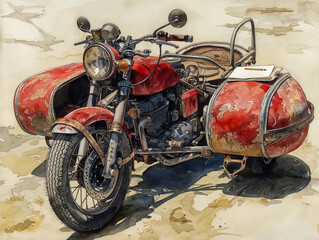 A red motorcycle with a sidecar is parked on the side of the road. The motorcycle is old and rusty, and the sidecar is also old and rusty. The scene is quiet and peaceful, with no one around