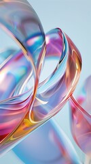 Wall Mural - A closeup of an abstract glass curved shape with colorful lines, set against a light blue background. 