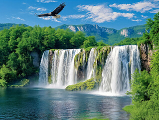 Wall Mural - A large waterfall with a bird flying over it. The waterfall is surrounded by trees and the sky is blue