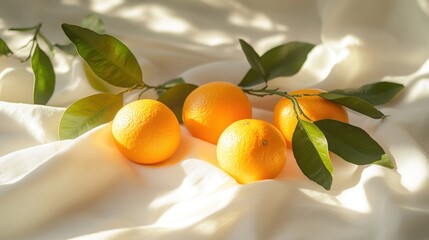 Four ripe oranges with green leaves on a white fabric background.