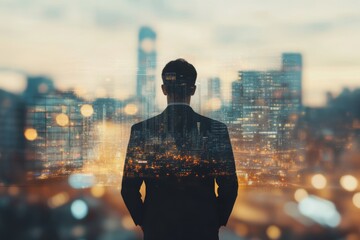 Businessman gazes at the modern cityscape with aspirations for future success and financial growth at twilight