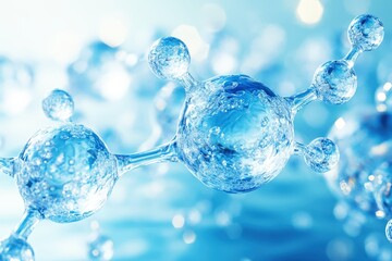 Wall Mural - Aquatic Bonds: A mesmerizing 3D render of a molecule, its glassy spheres reflecting a cool blue light, suggesting scientific innovation in water-based technologies. 
