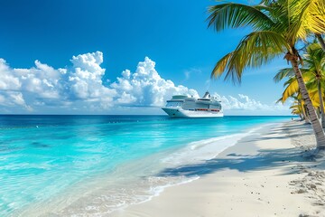 Cruise ship and palm tree on the beach.