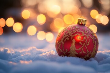 Close-up of a red Christmas ornament with gold patterns resting in the snow surrounded by warm bokeh lights during the festive season