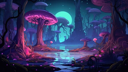 Wall Mural - Glowing Mushroom Forest with a Stream and Moon