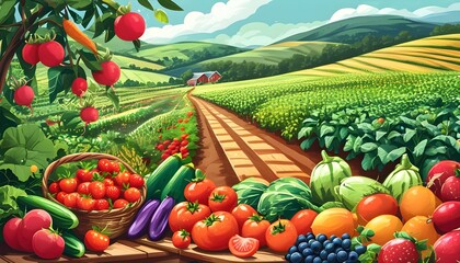 Vibrant harvest scene showcasing an abundance of fresh fruits and vegetables, celebrating agricultural bounty and seasonal abundance