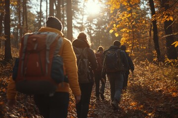 Wall Mural - hikers explore a sunlit autumn forest trail while enjoying nature in warm clothing and backpacks
