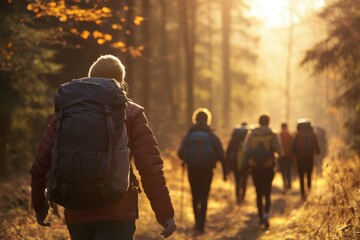 Wall Mural - Group of hikers enjoying an autumn trek through a sunlit forest with backpacks and warm clothing