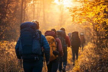 Wall Mural - hikers enjoy a vibrant autumn forest trail during a sunny day with backpacks and warm clothing