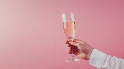 cropped shot of man cheering by champagne glass isolated on pink background