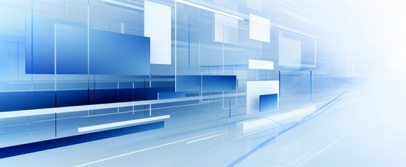 blue and white background featuring geometric shapes of various sizes and shades of blue. This modern design incorporates clean lines and an abstract representation of technology