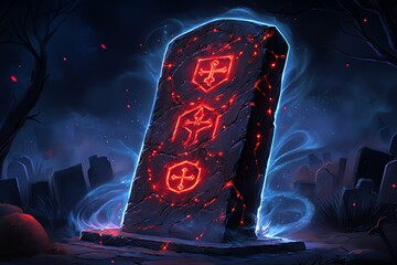 Aufkleber - A haunted tombstone with red glowing symbols carved into its surface, surrounded by dark, swirling mist in an eerie graveyard, in a tombstone fantasy artwork illustration
