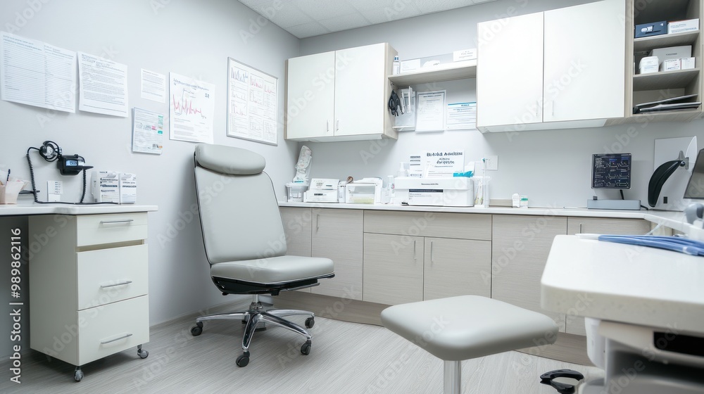 A clean and organized medical office with equipment and seating for patient consultations.