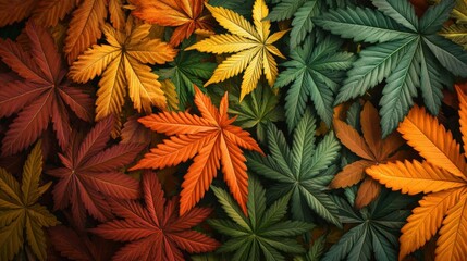 Close-up of vibrant green, red, orange, and yellow cannabis leaves.