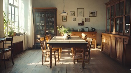 Wall Mural - Farmhouse table set in a rustic dining room with wood floors