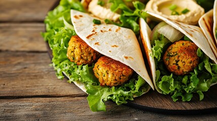 Falafel wraps filled with fresh lettuce and served with a side of creamy hummus on a rustic wooden surface. A healthy and flavorful plant-based meal.