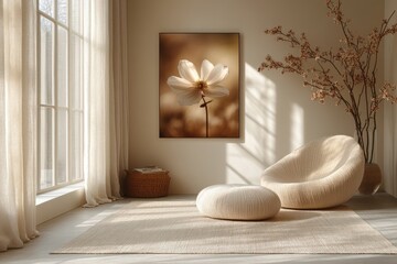 Poster - Minimalist Living Room Interior with Flower Artwork