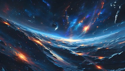 Futuristic cosmic landscape showcasing a galaxy with vibrant planets under a starry sky, merging science, technology, and aerospace concepts in a visionary metaverse.