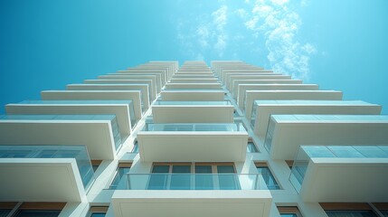 Poster - geometric design modern residential building, highlighting the sleek white facade and numerous balconies architectural styles with a professional tone