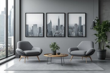 Wall Mural - Modern Living Room with Cityscape Prints