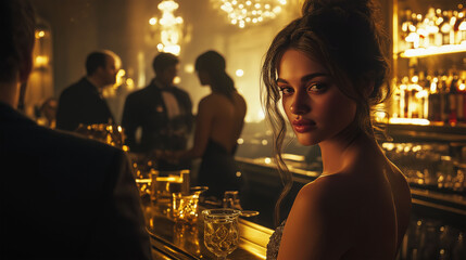 Beautiful woman in evening dress sitting near bar counter