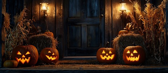 Evening Halloween porch scene with rustic decor of haystacks and cornstalks.