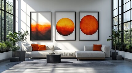 Sticker - Modern Living Room with Artistic Abstract Paintings