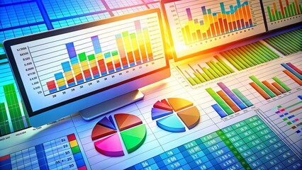 Colorful Excel Spreadsheet Illustration with Graphs, Charts, and Data for Business and Finance Use