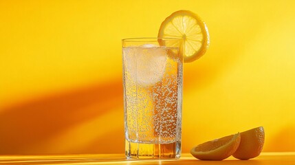 A glass of sparkling water with a lemon slice and two lemon wedges on a yellow background.