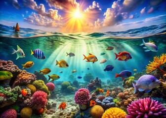 Sticker - Colorful Fish Swimming in Clear Water, Underwater Scene with Vibrant Marine Life and Coral Reefs