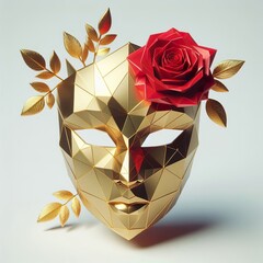 Wall Mural - A stylized gold low-poly mask, A single red diamond rose with gold leaves