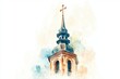 © Newstep - A stunning watercolor illustration of a church steeple with a cross, symbolizing faith and spirituality.