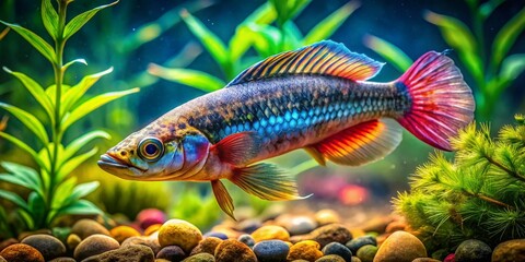 Colorful Mudfish Swimming in Freshwater Habitat Surrounded by Aquatic Plants and Natural Elements