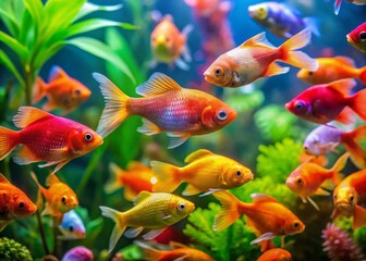 Colorful Pet Fish Swimming Gracefully in a Bright, Well-Planted Aquarium with Crystal Clear Water