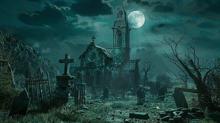 Graveyard at Moonlight: Halloween Scene Featuring a Distorted Church with Reassembled Components