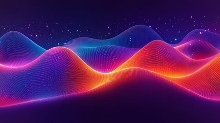 Abstract Digital Landscape with Vivid Gradient Waves and Glowing Particles