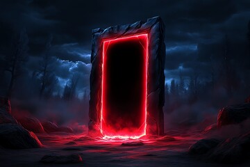 Poster - A magical red-black portal opening in the midst of a haunted forest, with eerie light spilling out into the dark landscape, in a magic fantasy artwork illustration