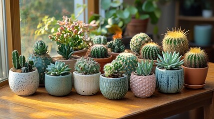 Canvas Print - Succulents and Cacti in Pots on Windowsill