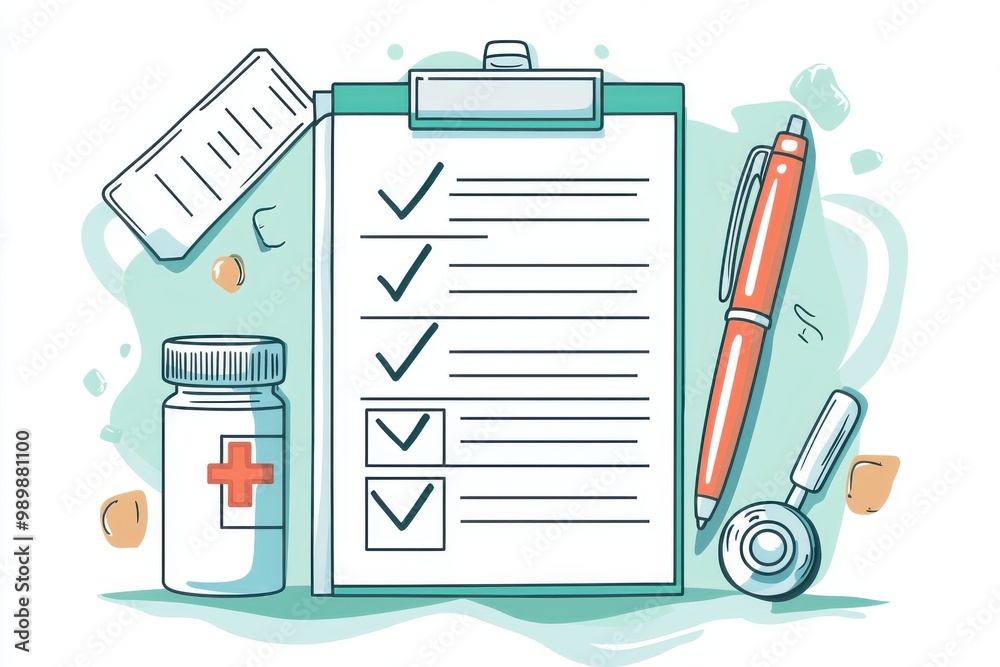 Medical checklist with pen, prescription bottle, and stethoscope for ...