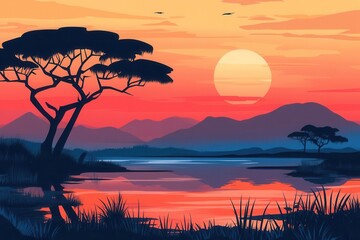 Wall Mural - african landscape flat design side view sunset theme water color splitcomplementary color scheme