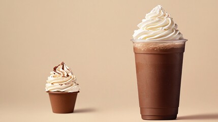 Sticker - Chocolate drink with whipped cream in a plastic cup next to a smaller version.