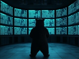 A bear in a high-tech control room, surrounded by glowing screens displaying data and information in a futuristic setting.