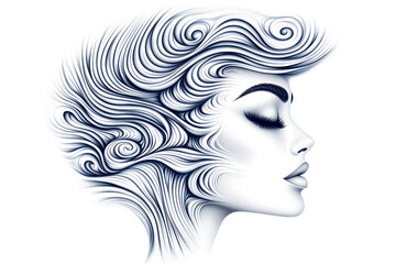 Wall Mural - A woman's face with a blue background. The woman has long hair and a small nose. The hair is styled in a way that it looks like it is in a wave