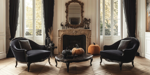 elegant parisian living room decorated with halloween pumpkins, fairy lights, and a whimsical ghost and star garland
