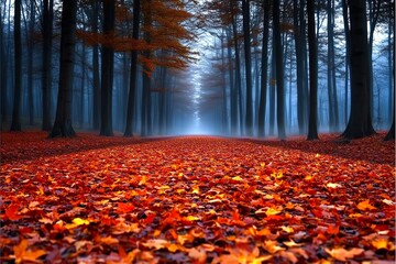 Poster - A misty autumn forest, with golden and red leaves carpeting the forest floor and soft light filtering through the trees