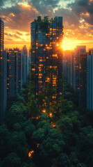 Poster - A tall building with a green roof stands out amongst other buildings.