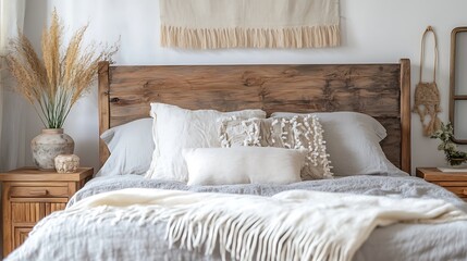 Wall Mural - Cozy Bedroom Interior with Wooden Bed  White Bedding  and Natural Decor