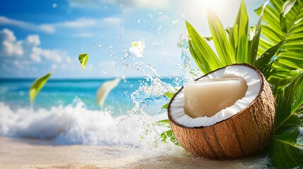 Poster - Coconut water splashing on a tropical beach.